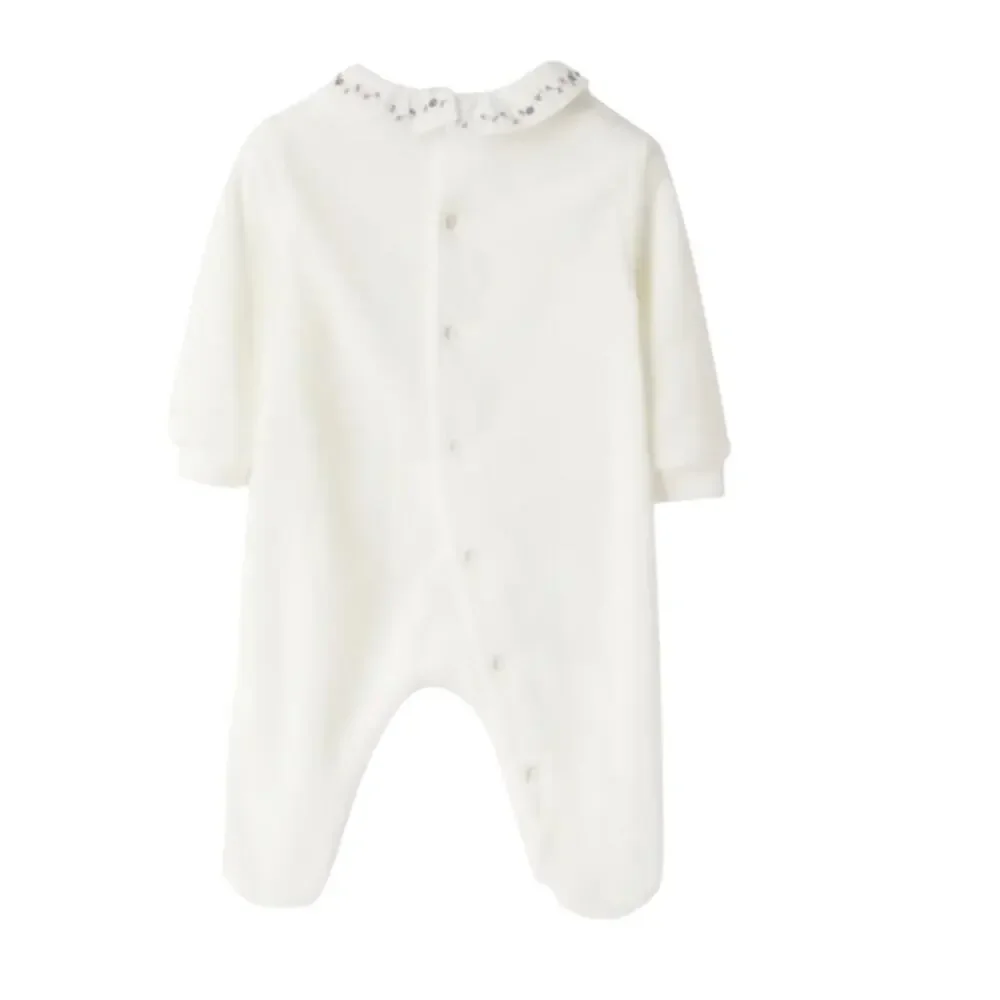 Il Gufo baby white cotton velour jumpsuit floral embroidered collar Size 9M NWT